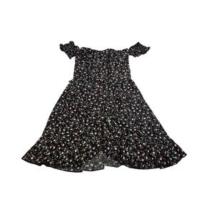 Vertiche Floral Mini Dress Womens Small Black Smocked Off Shoulder Ruffle Hem